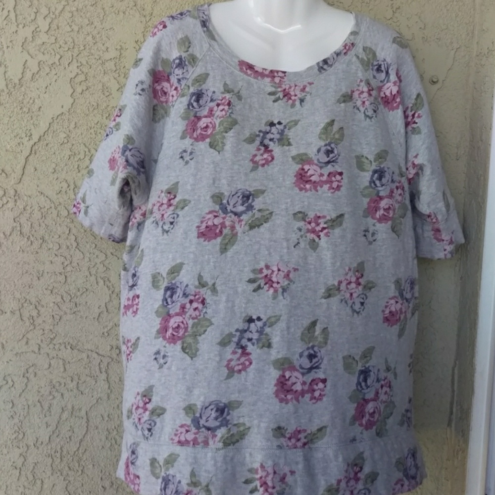 LOFT floral gray split sides sweater